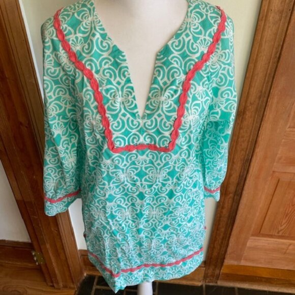 VINEYARD VINES Tunic Dress Geo Torquoise Print Coral Trim V Neck Long Sleeve S - Picture 5 of 17